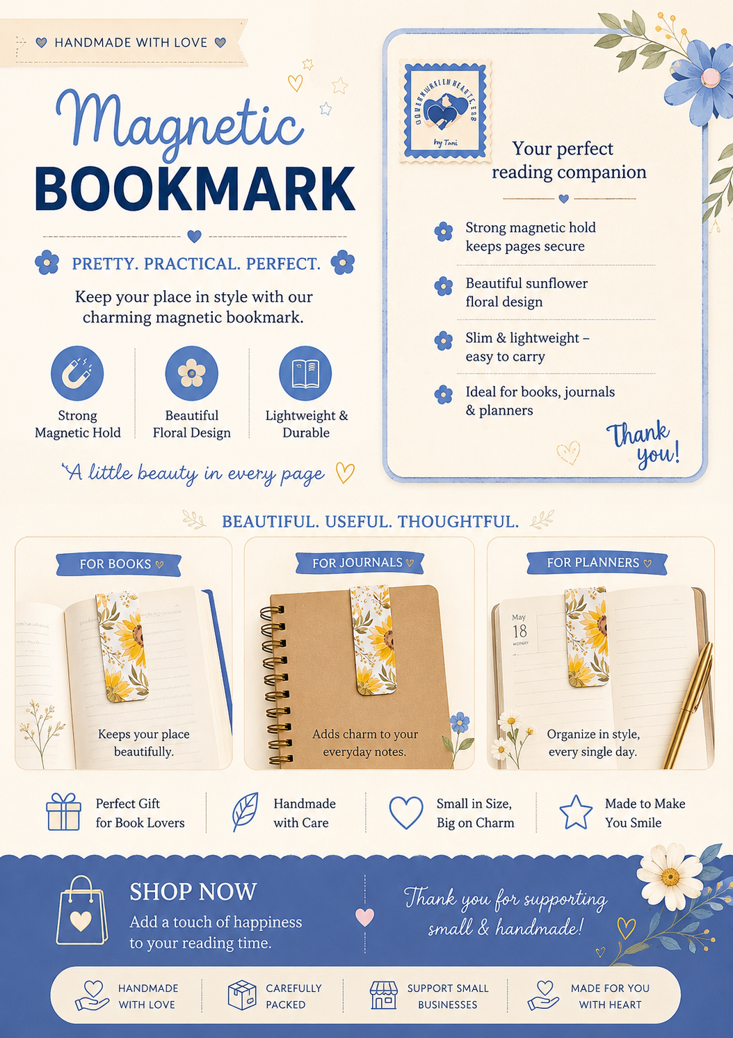 Magnetic Sunflower Bookmark | Handmade Floral Book & Journal Bookmark