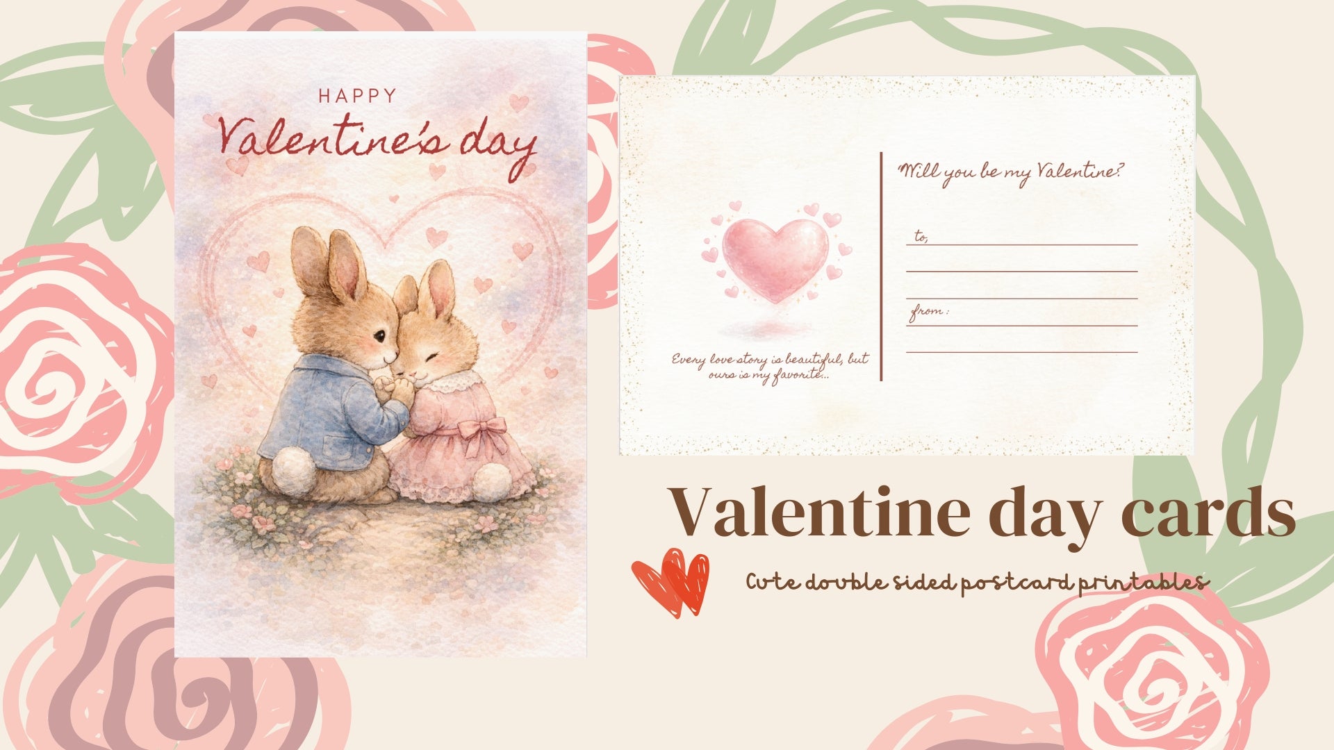 Watercolor Bunny Valentine's Day Postcards | Printable Love Notes (Instant Download)
