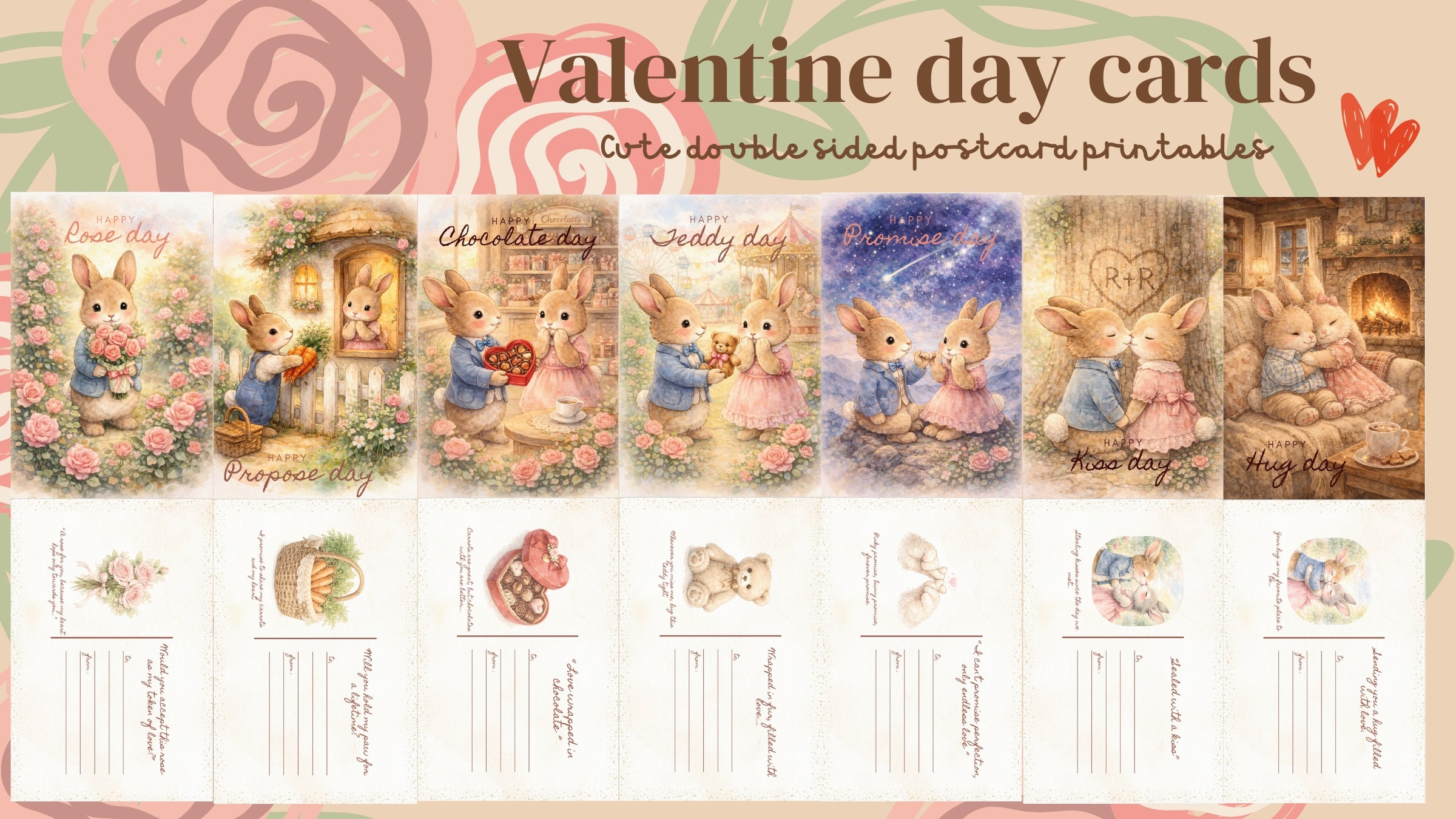 Watercolor Bunny Valentine's Day Postcards | Printable Love Notes (Instant Download)