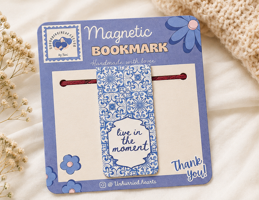 Blue Floral Magnetic Bookmark | Handmade Bookmark with “Live in the Moment” Quote