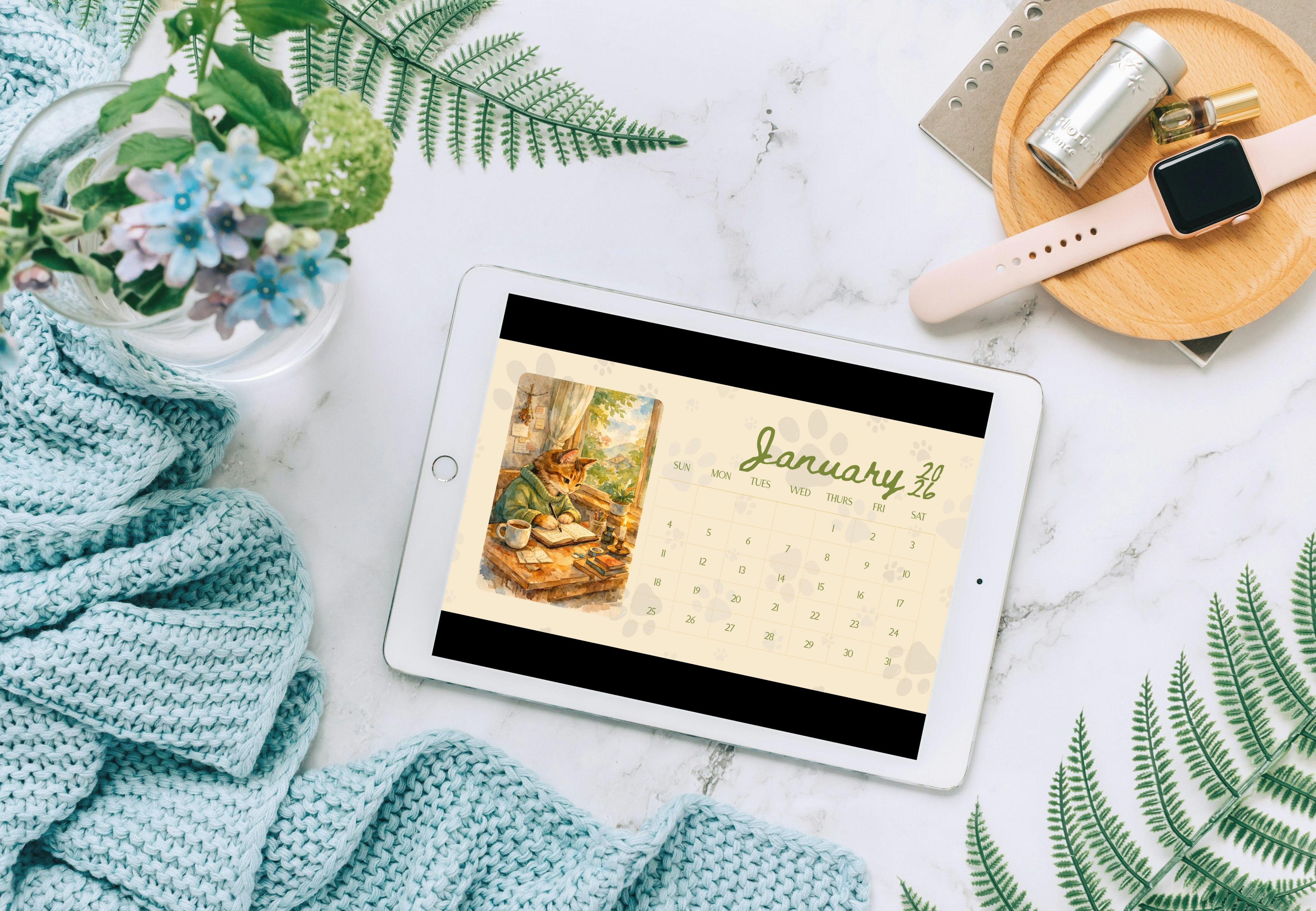 2026 Watercolour Cat Calendar | Cozy Art Planner (Digital PDF)